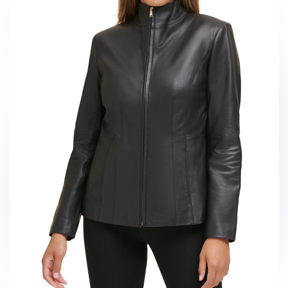Cole Haan Women's Wing Collar Leather Coat Size S pit to pit 18